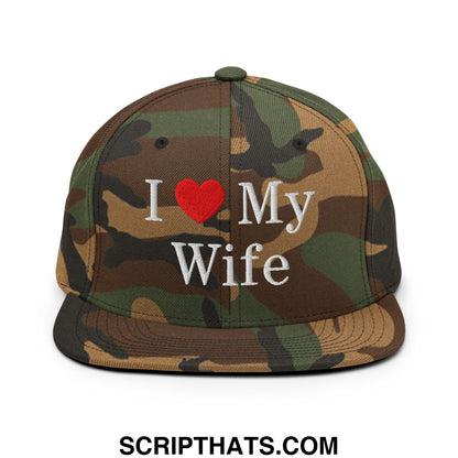 I Love My Wife Embroidered Flat Bill Brim Snapback Hat Green Camo