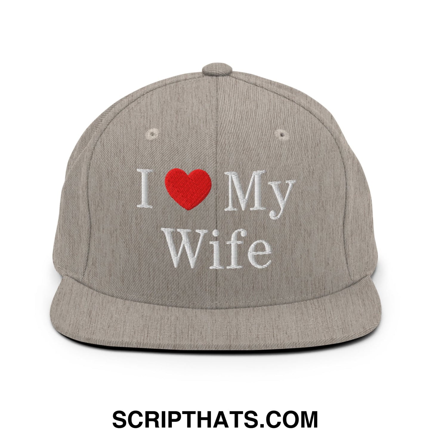 I Love My Wife Embroidered Flat Bill Brim Snapback Hat Heather Grey