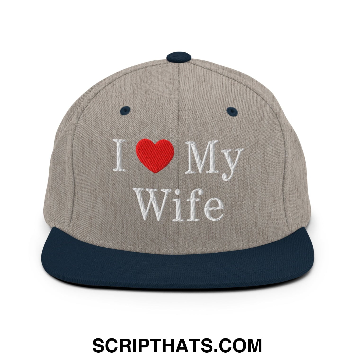 I Love My Wife Embroidered Flat Bill Brim Snapback Hat Heather Grey Navy