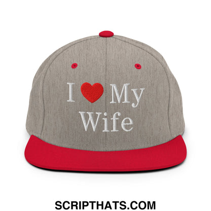 I Love My Wife Embroidered Flat Bill Brim Snapback Hat Heather Grey Red
