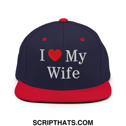 I Love My Wife Embroidered Flat Bill Brim Snapback Hat Navy Red