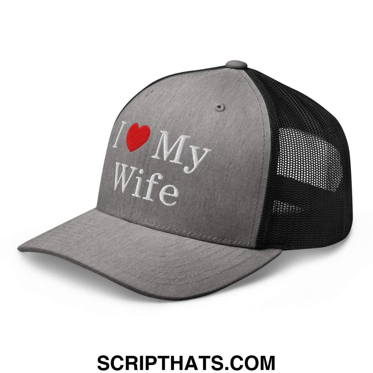 Gray and black mesh trucker hat with i love my wife embroidered in white on the front panel