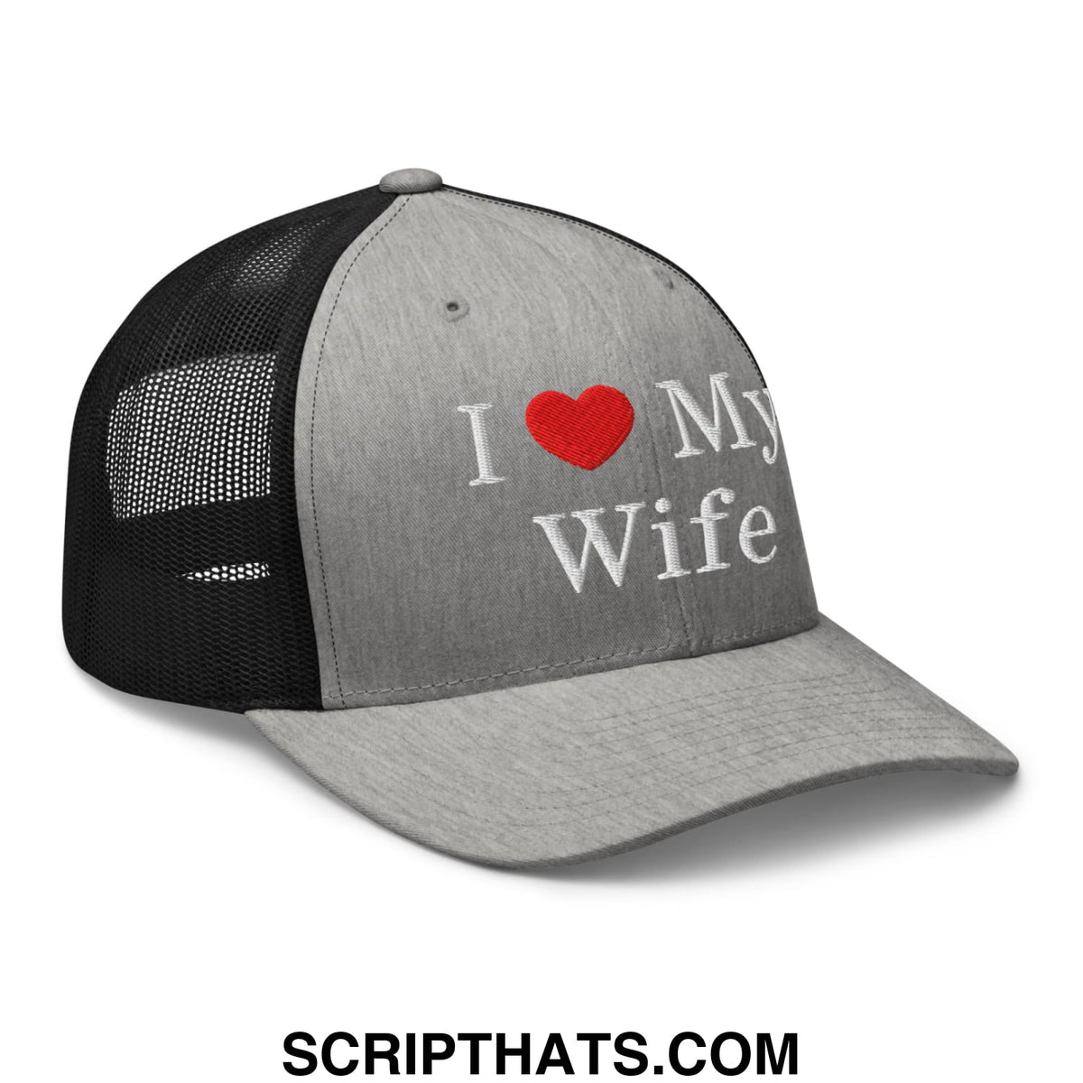 Gray and black i love my wife embroidered mesh trucker hat with white lettering red heart and mesh back panel