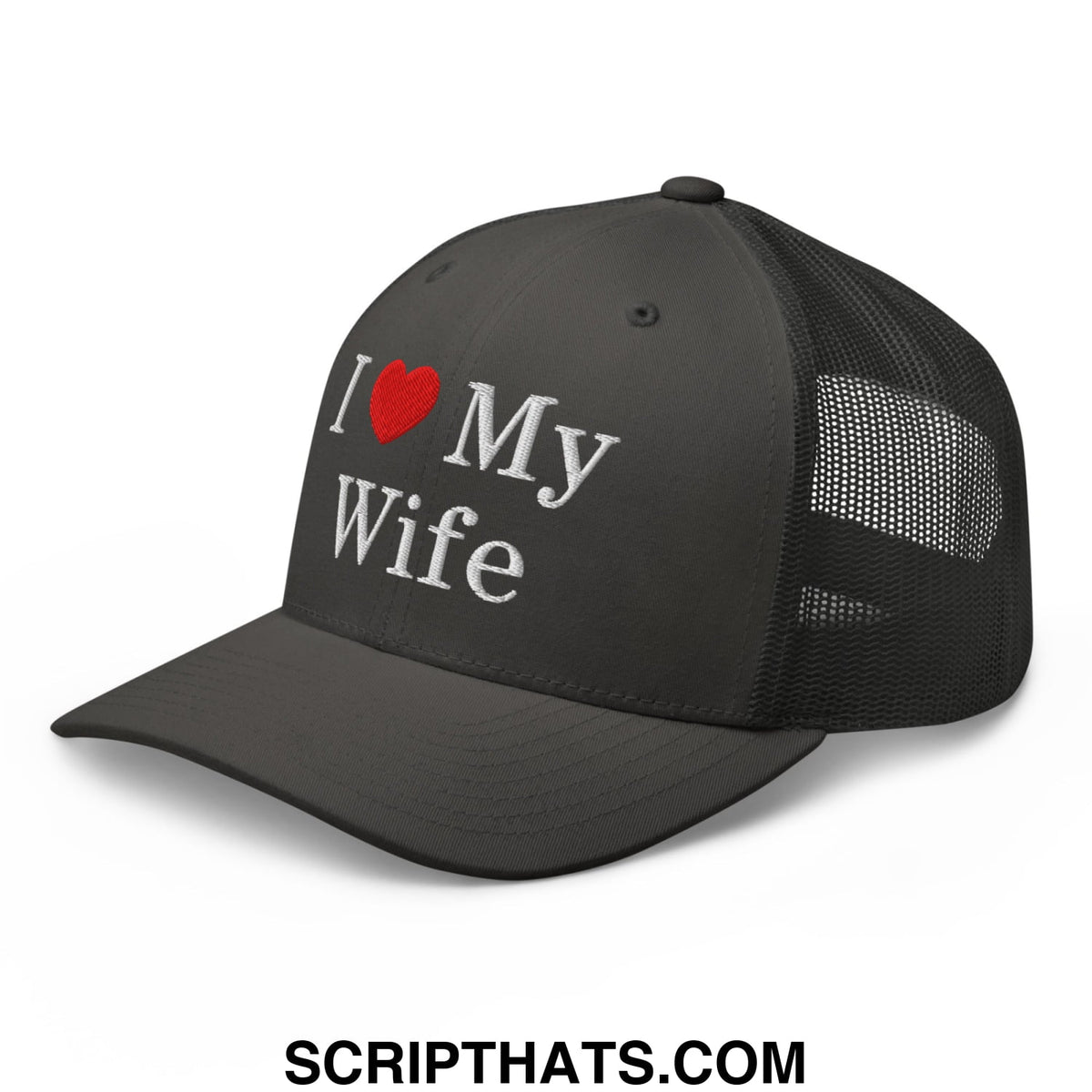 Black trucker hat with white embroidered i love my wife text and red heart featuring a mesh back panel