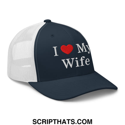 Navy blue and white mesh trucker hat embroidered with i love my wife text in white thread