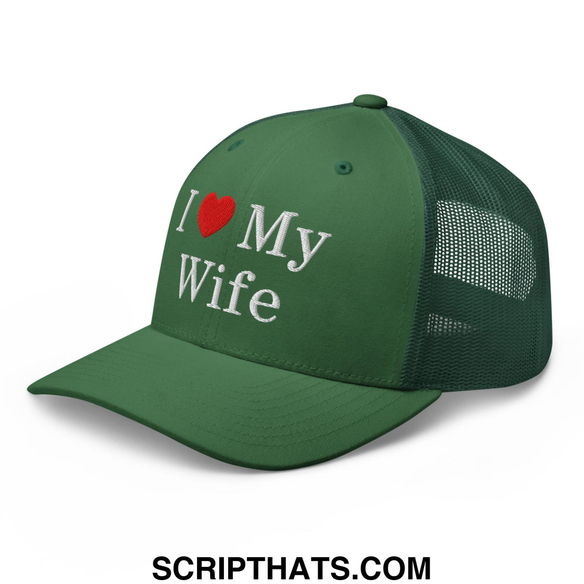 Green i love my wife embroidered mesh trucker hat with red heart and mesh back panel for casual wear