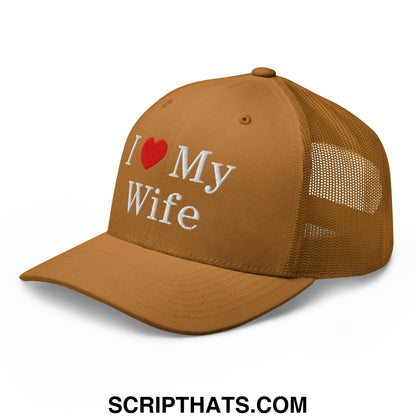 Tan i love my wife embroidered mesh trucker hat with white text red heart and mesh back panel