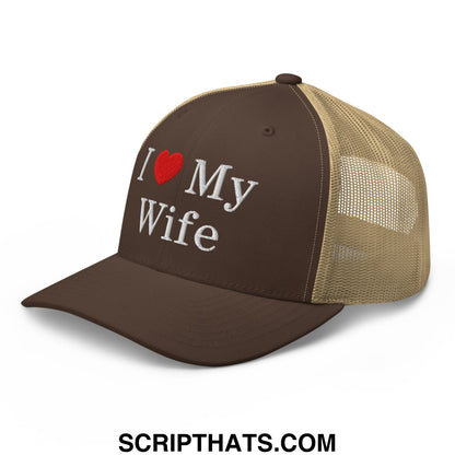 Brown and tan mesh trucker hat embroidered with i love my wife white lettering and red heart design