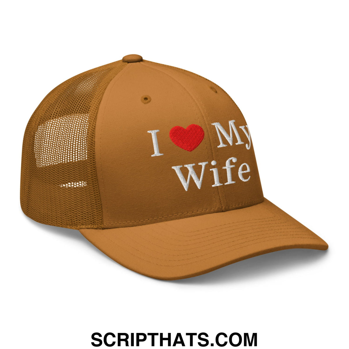Tan i love my wife embroidered mesh trucker hat with white text red heart and breathable back panel