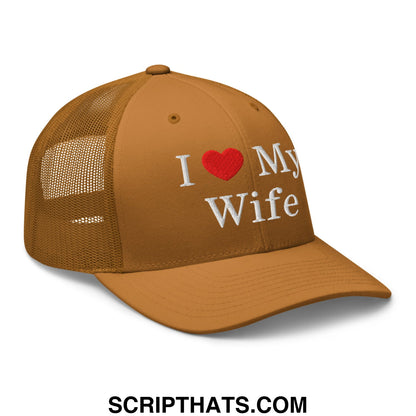 Tan i love my wife embroidered mesh trucker hat with white text red heart and breathable back panel