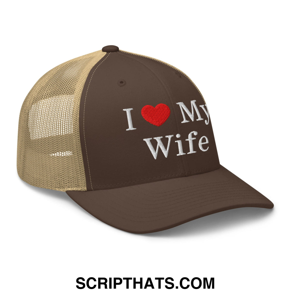 Brown and tan mesh trucker hat with white embroidered i love my wife text promoting affection and style