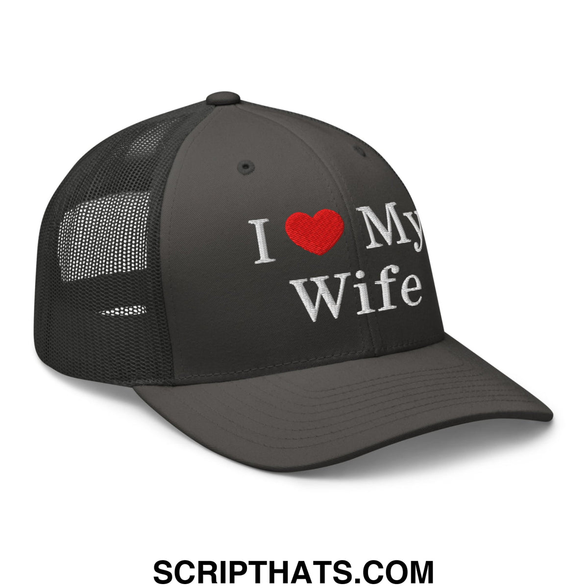 Black mesh trucker hat with embroidered white I love my wife text and red heart featuring a mesh back panel