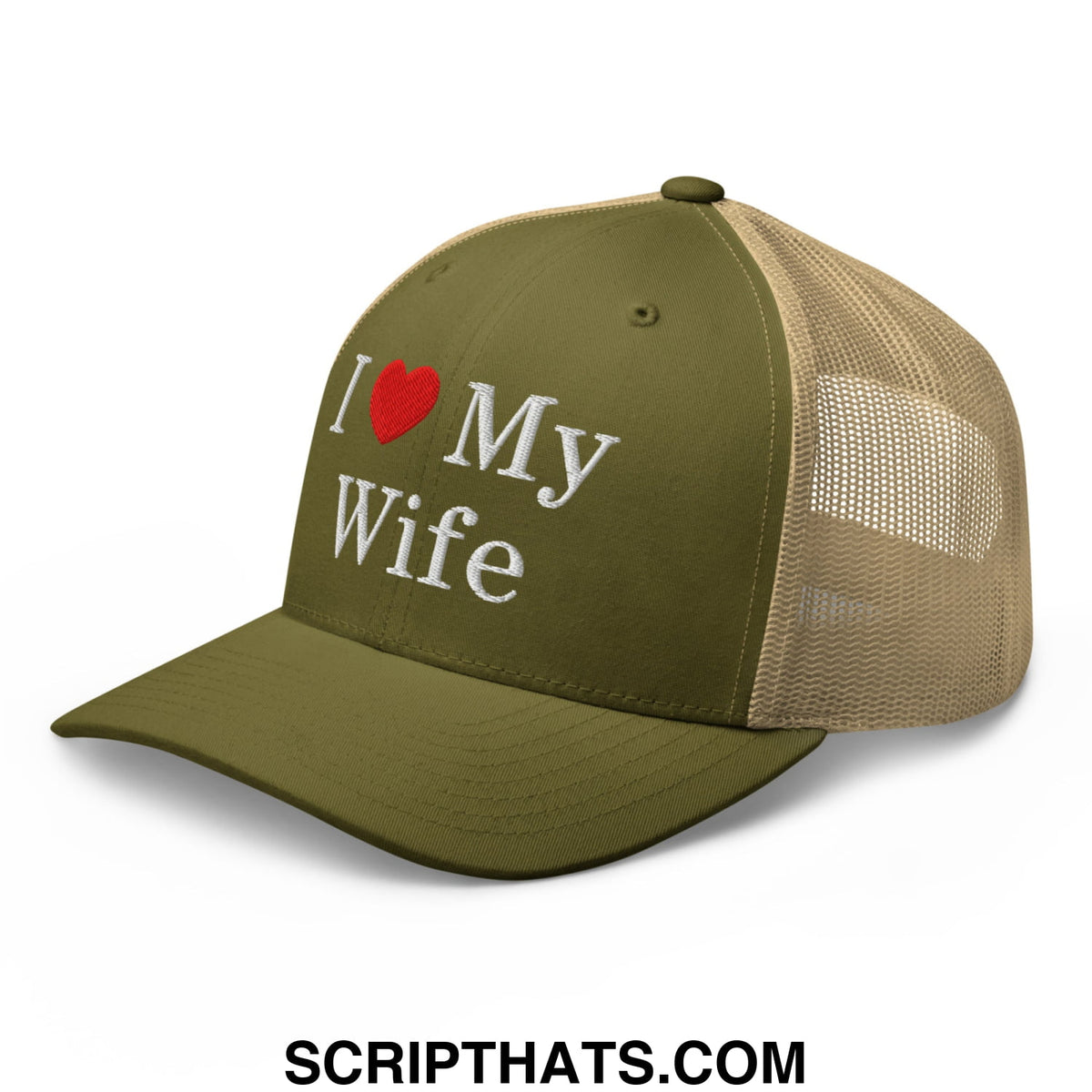 Olive green and tan mesh trucker hat with white embroidered i love my wife text on front panel