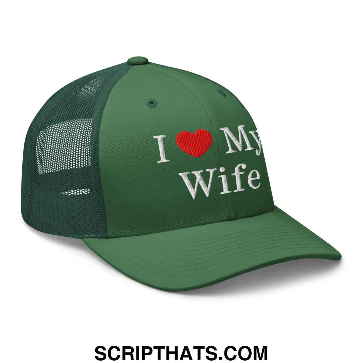 Green mesh trucker hat with white embroidered i heart my wife text and red heart showing front design