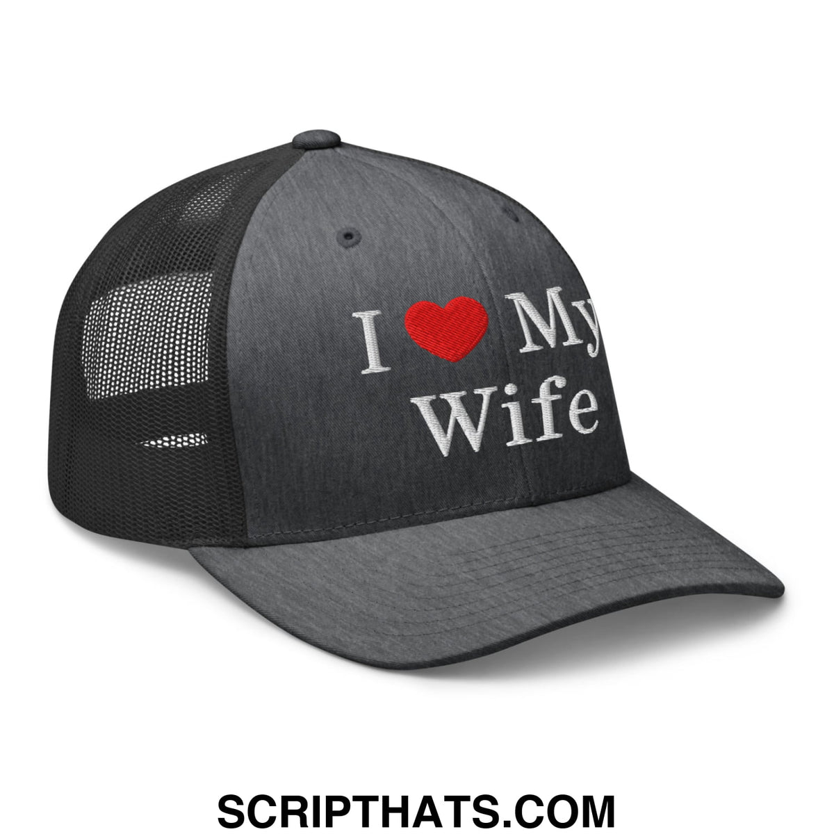 Black mesh trucker hat with red heart and white embroidered i love my wife text on the front panel
