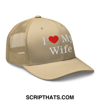 Beige i love my wife embroidered mesh trucker hat with red heart and white text featuring a mesh back panel