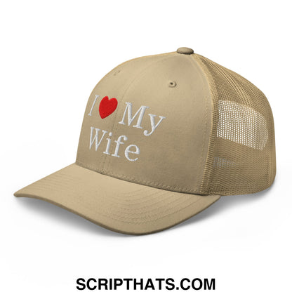Beige i love my wife embroidered mesh trucker hat with red heart and white text featuring a mesh back panel