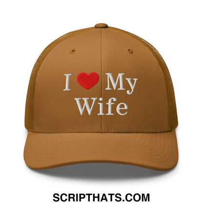 Tan mesh trucker hat embroidered with i heart my wife white text and red heart from i love my wife collection