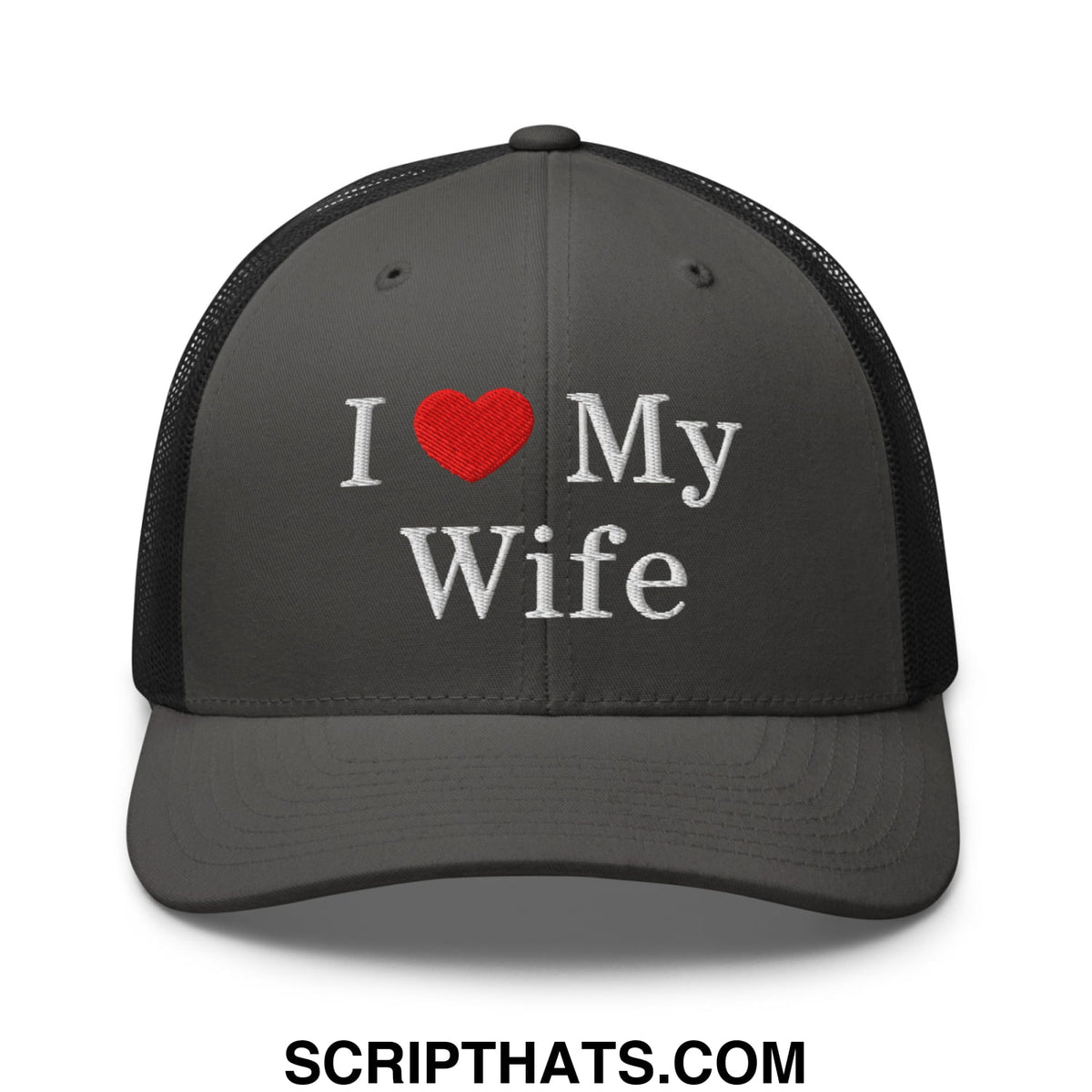 Black mesh trucker hat with embroidered white i heart my wife text and red heart front design