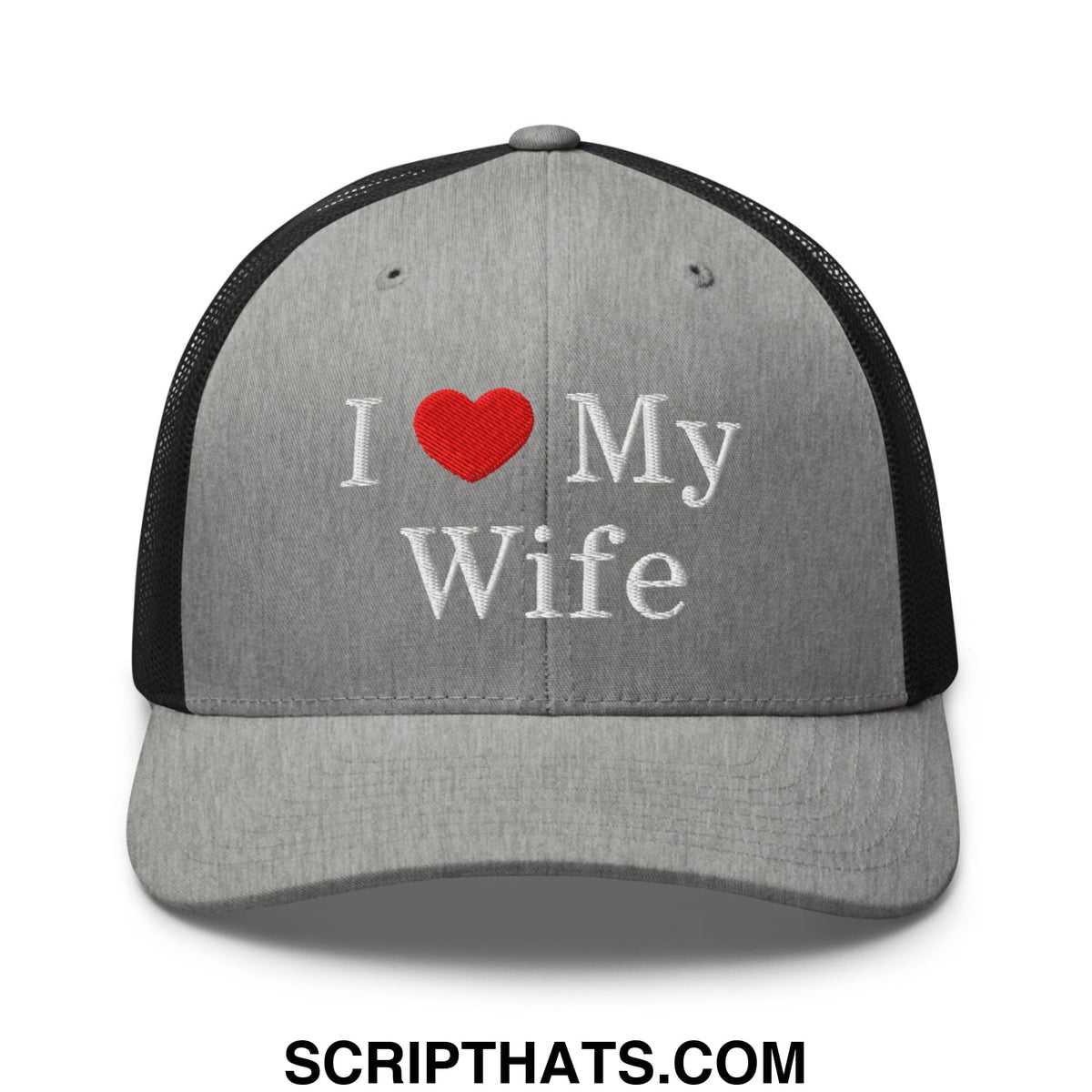 Gray I love my wife embroidered mesh trucker hat with black back and red heart design on front panel