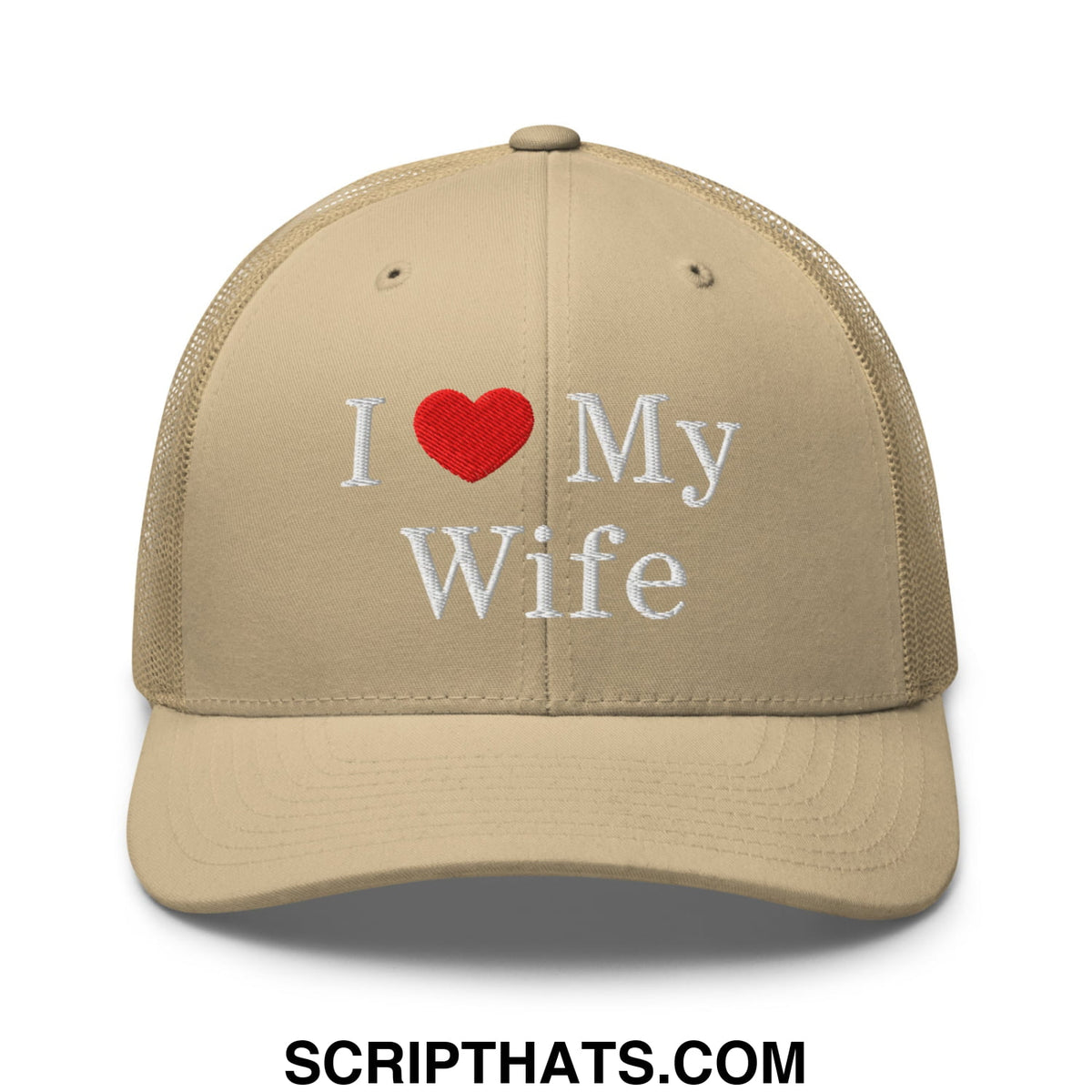 Beige i love my wife embroidered mesh trucker hat with white text red heart and breathable side panels