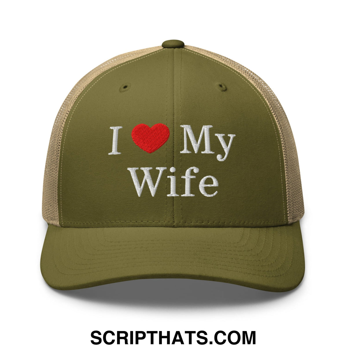 Olive green and tan mesh trucker hat with embroidered white i heart my wife text featuring a red heart