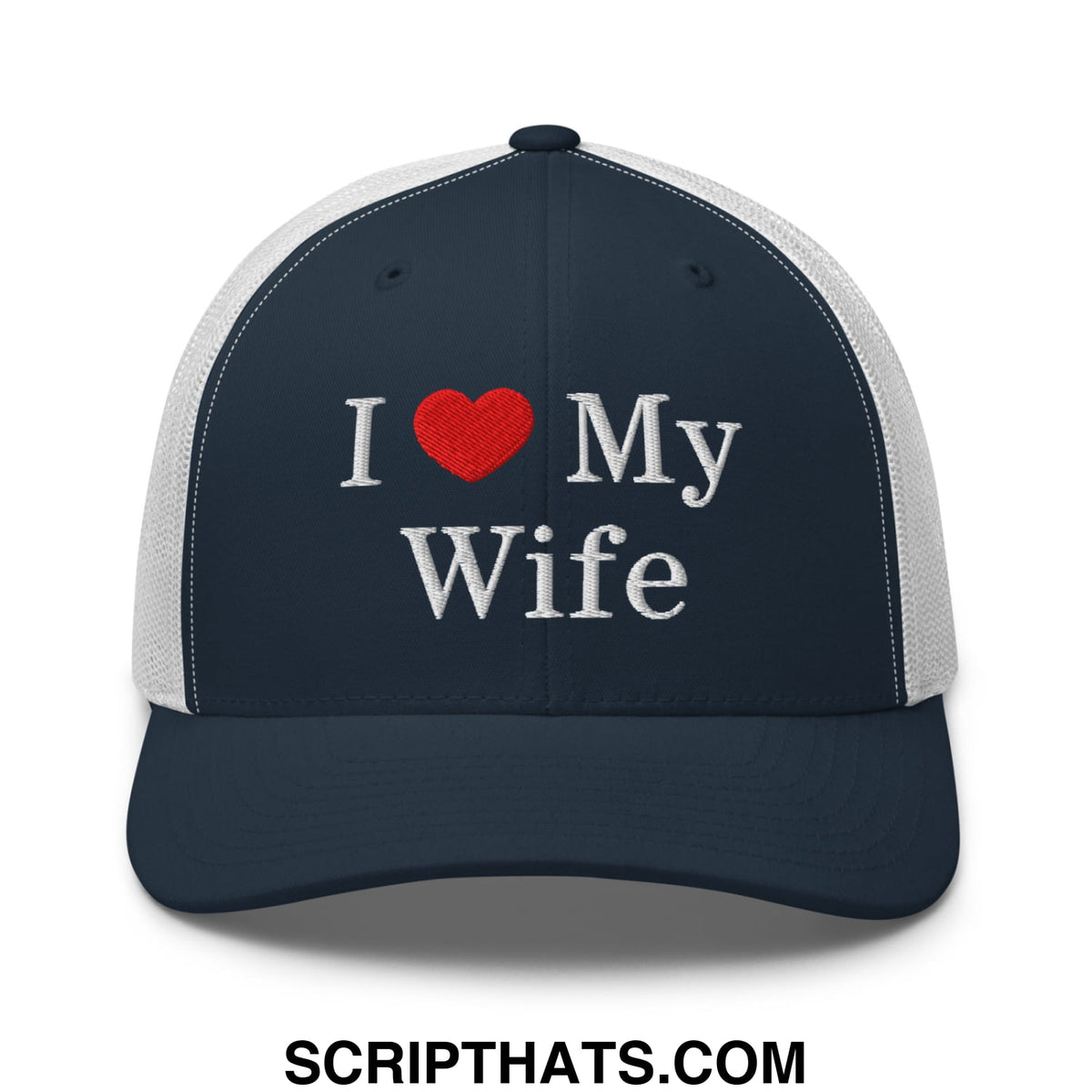 Navy blue and white mesh trucker hat with embroidered i heart my wife text in white and red heart symbol