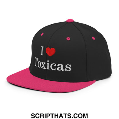 I Love Toxicas Embroidered Flat Bill Brim Snapback Hat Black Neon Pink