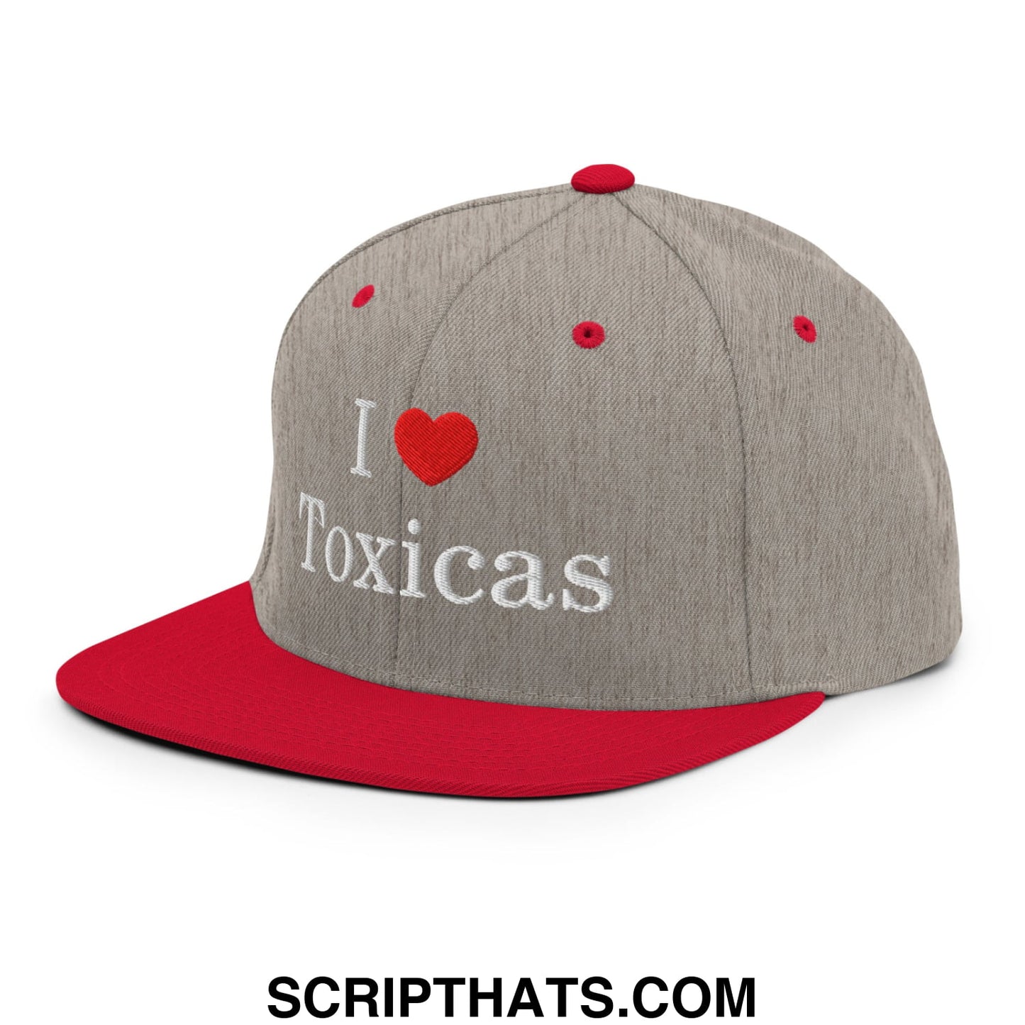 I Love Toxicas Embroidered Flat Bill Brim Snapback Hat Heather Grey Red