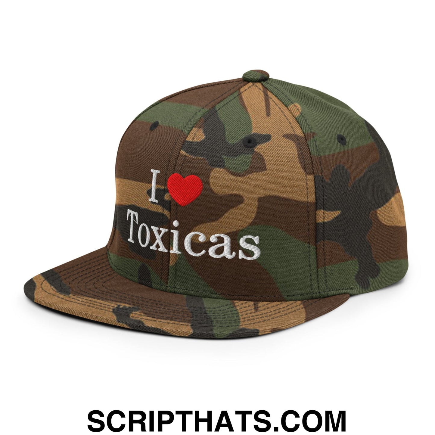 I Love Toxicas Embroidered Flat Bill Brim Snapback Hat Green Camo