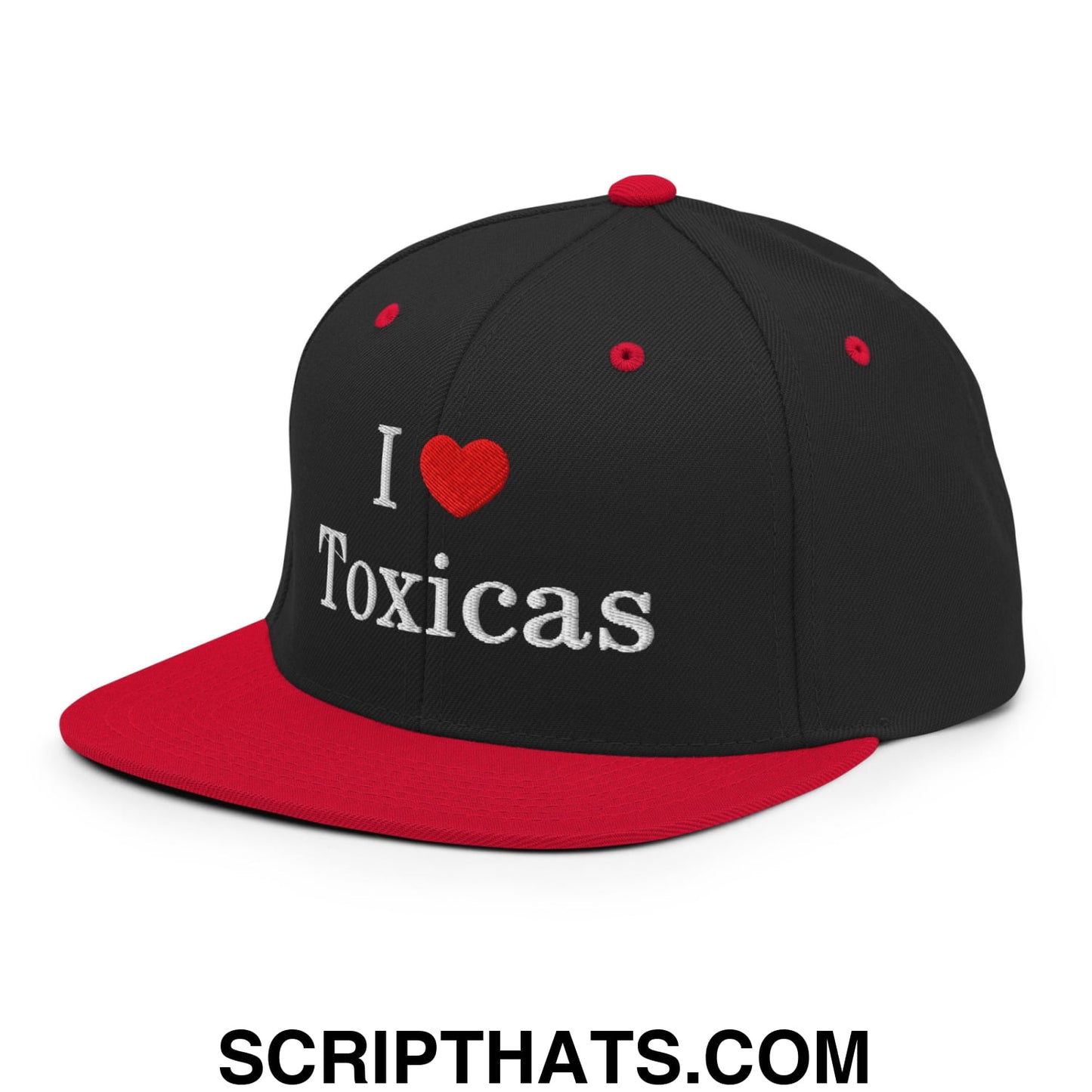 I Love Toxicas Embroidered Flat Bill Brim Snapback Hat Black Red