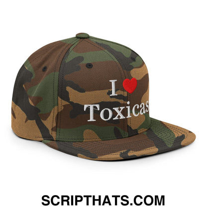 I Love Toxicas Embroidered Flat Bill Brim Snapback Hat Green Camo