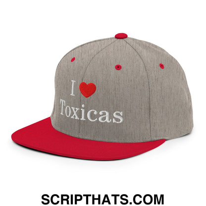 I Love Toxicas Embroidered Flat Bill Brim Snapback Hat Heather Grey Red