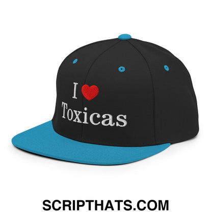 I Love Toxicas Embroidered Flat Bill Brim Snapback Hat Black Teal