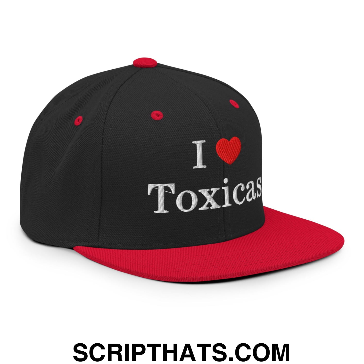 I Love Toxicas Embroidered Flat Bill Brim Snapback Hat Black Red