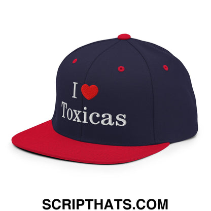 I Love Toxicas Embroidered Flat Bill Brim Snapback Hat Navy Red