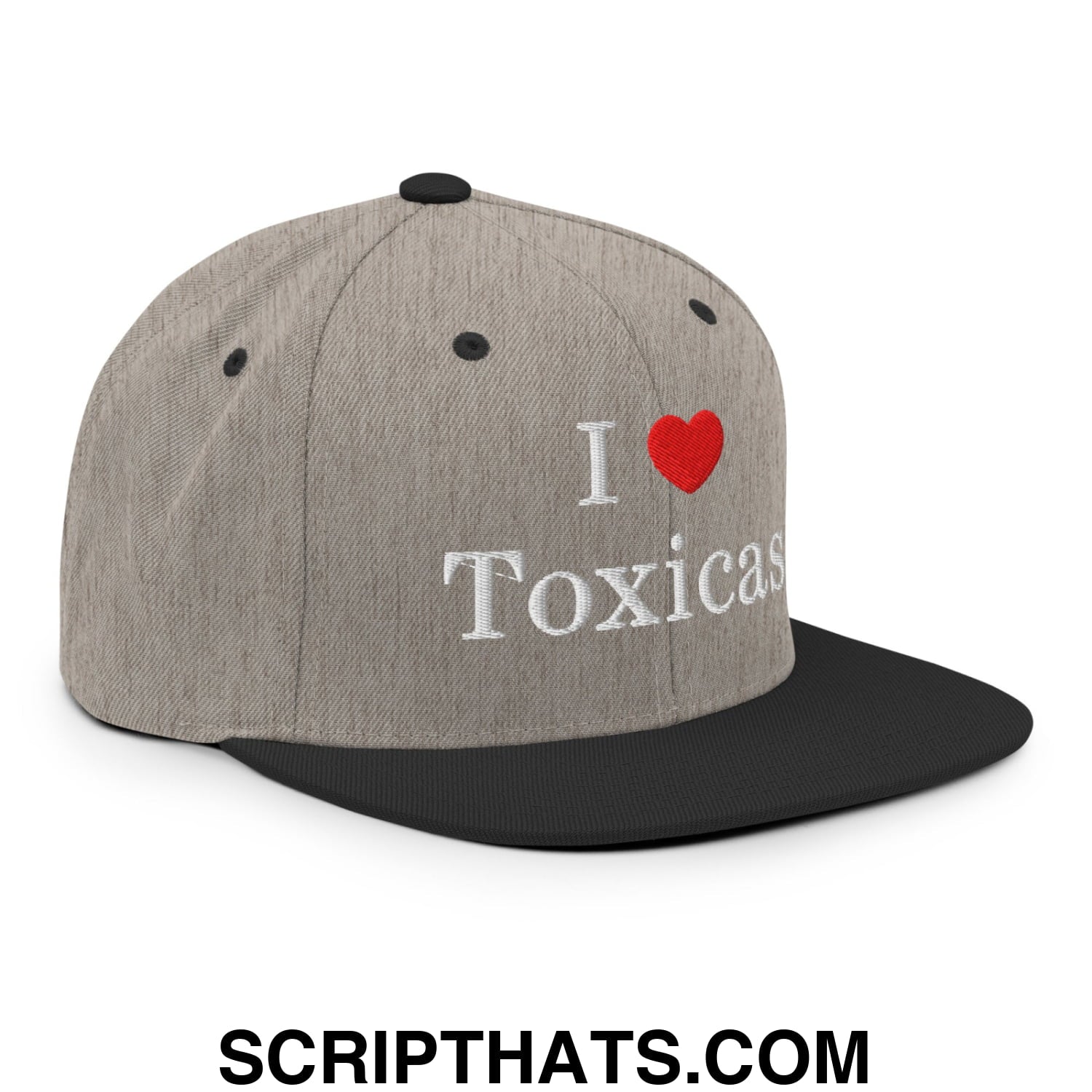 I Love Toxicas Embroidered Flat Bill Brim Snapback Hat Heather Black