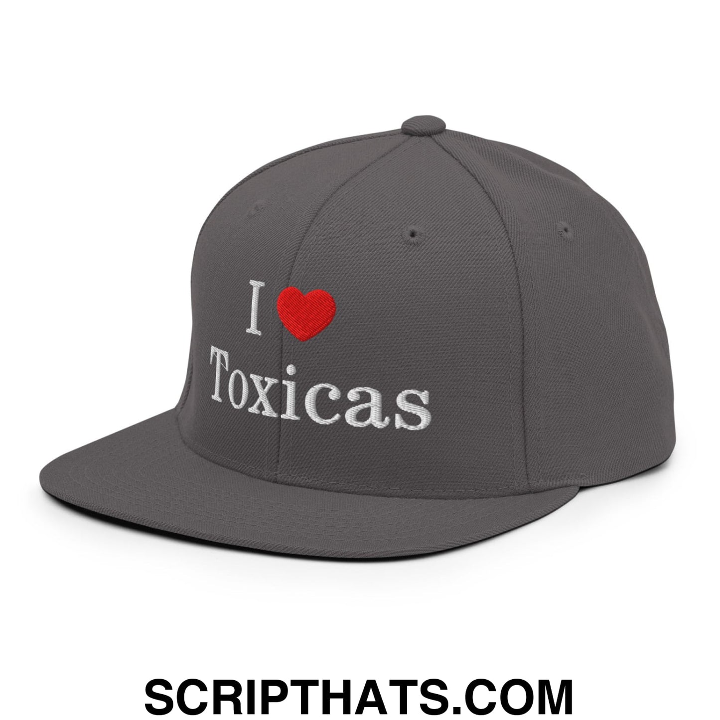 I Love Toxicas Embroidered Flat Bill Brim Snapback Hat Dark Grey
