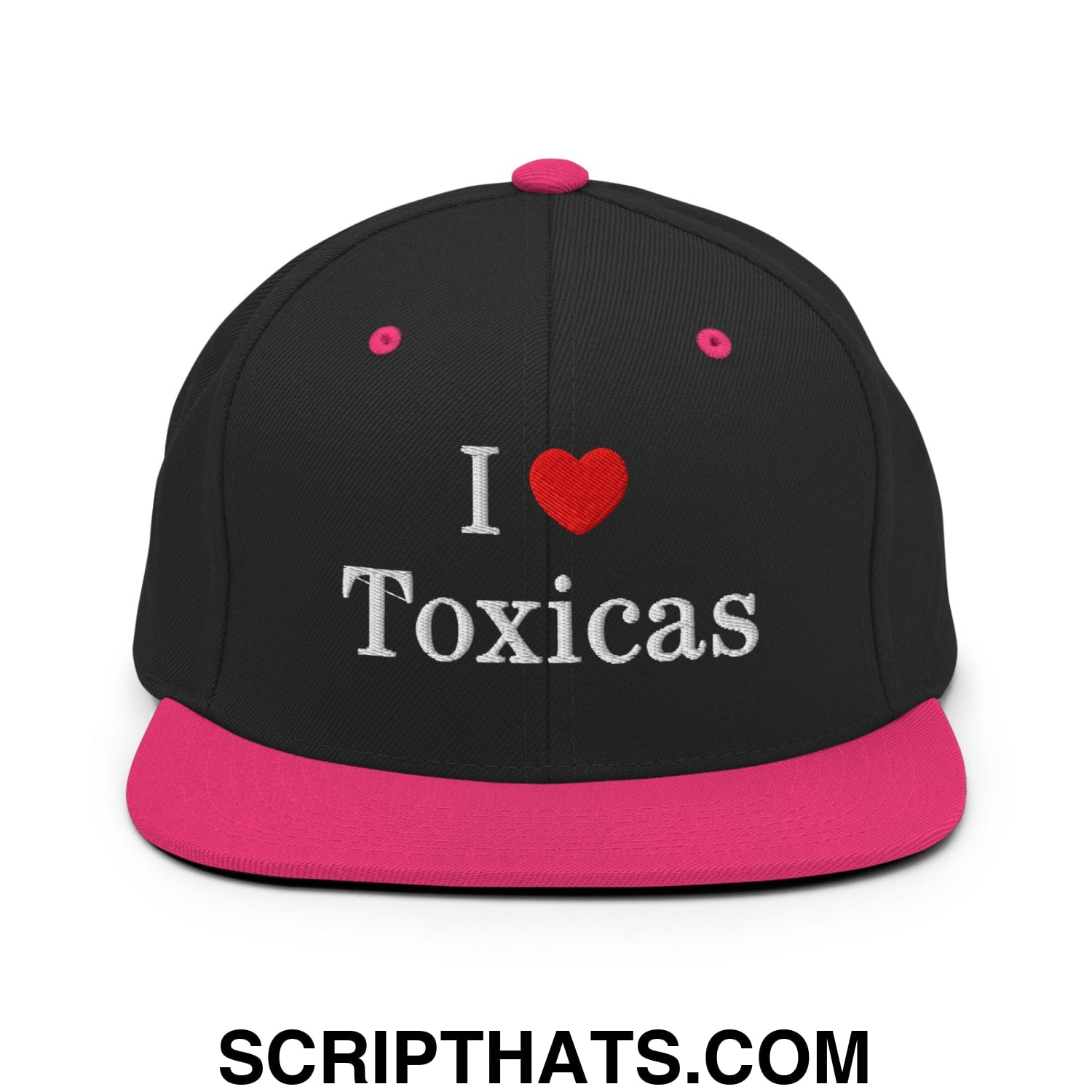 I Love Toxicas Embroidered Flat Bill Brim Snapback Hat Black Neon Pink
