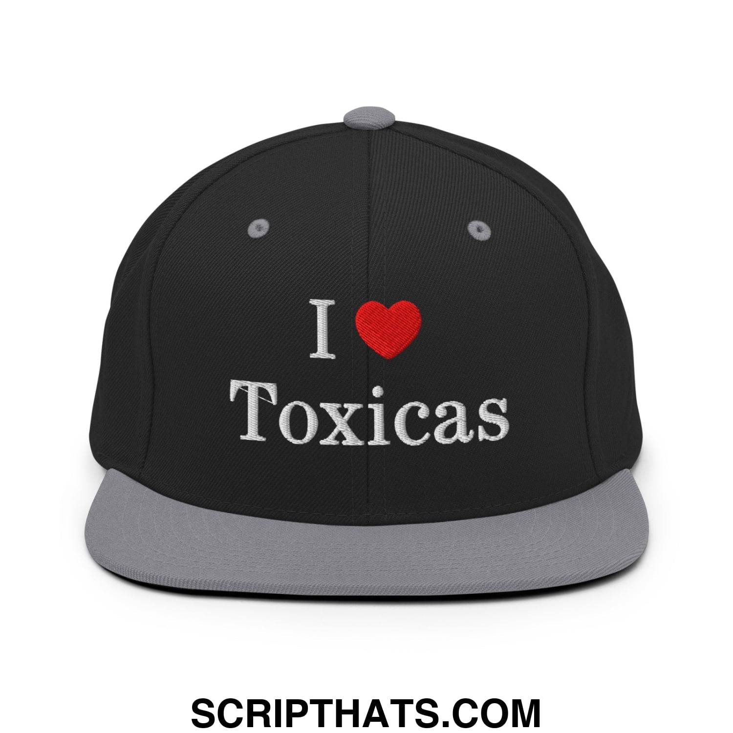 I Love Toxicas Embroidered Flat Bill Brim Snapback Hat Black Silver