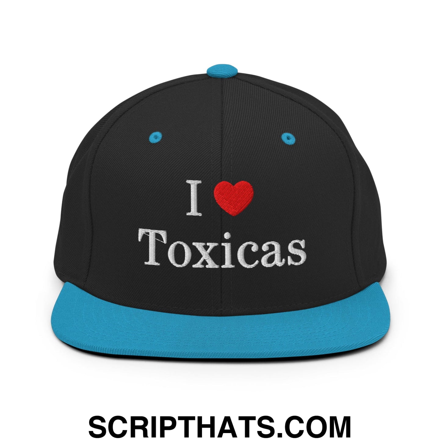I Love Toxicas Embroidered Flat Bill Brim Snapback Hat Black Teal