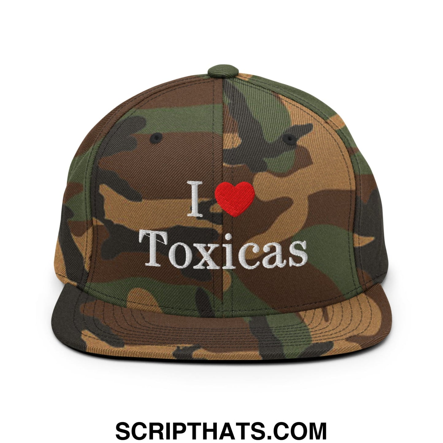 I Love Toxicas Embroidered Flat Bill Brim Snapback Hat Green Camo