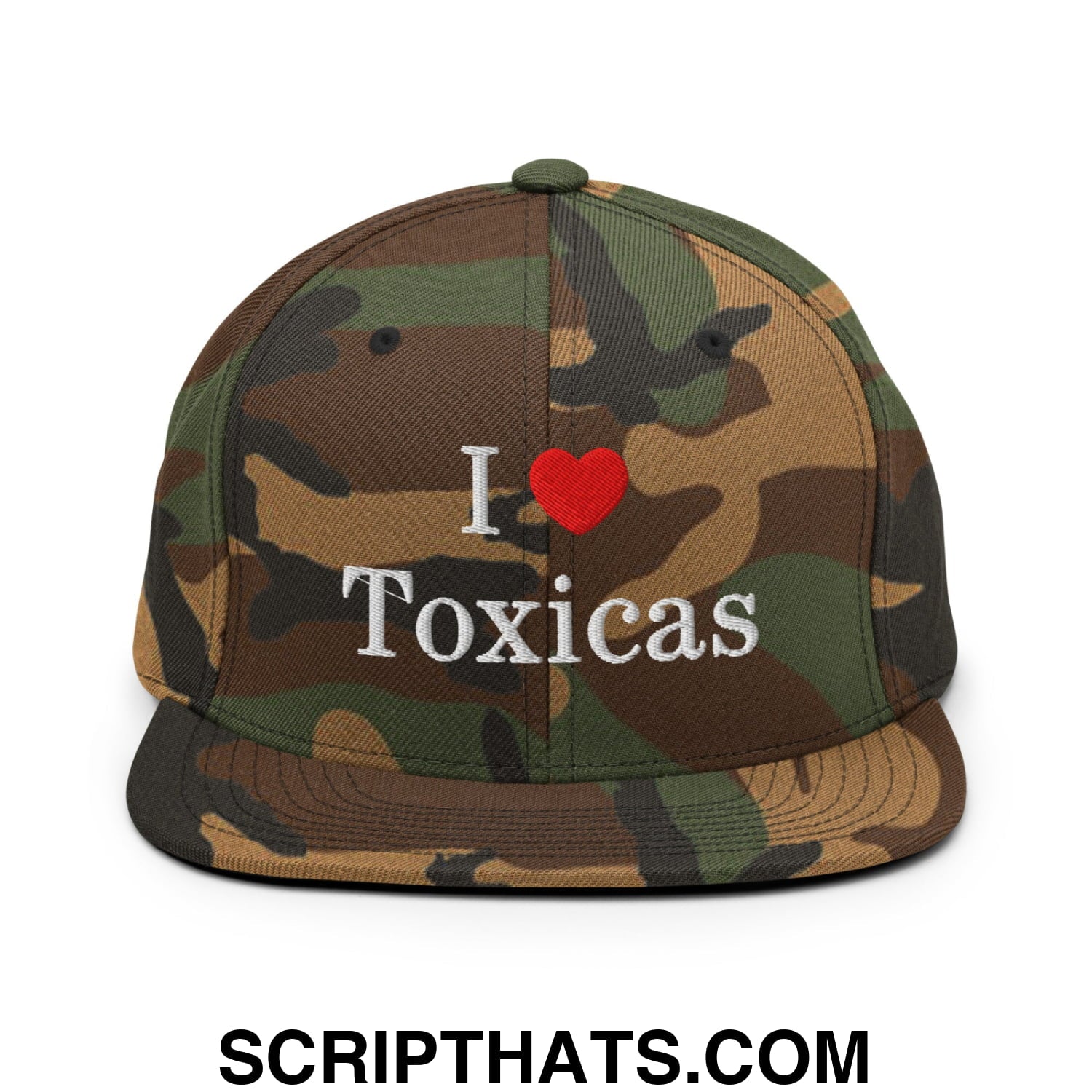 I Love Toxicas Embroidered Flat Bill Brim Snapback Hat Green Camo