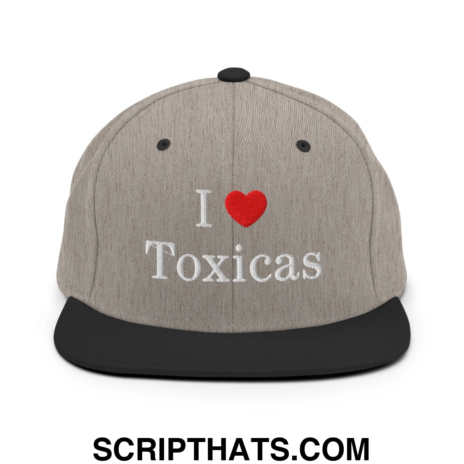 I Love Toxicas Embroidered Flat Bill Brim Snapback Hat Heather Black