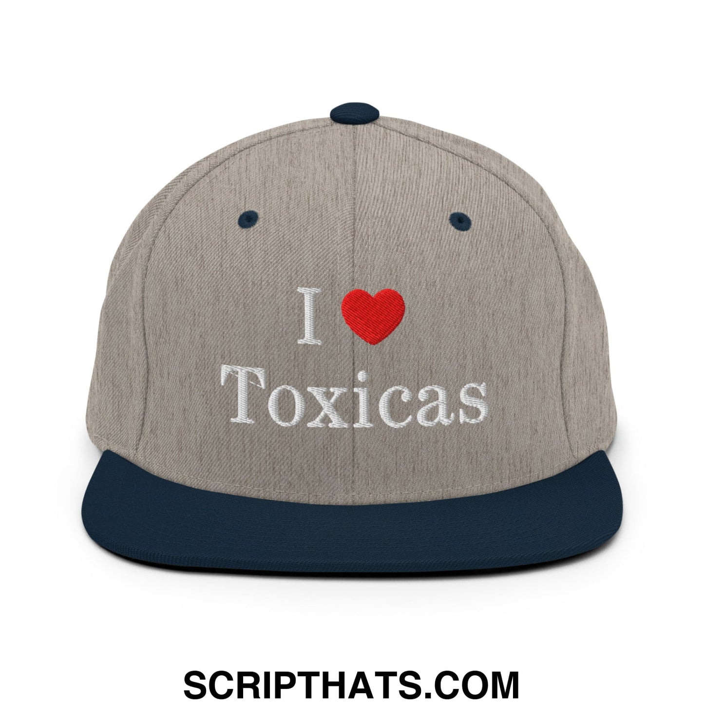 I Love Toxicas Embroidered Flat Bill Brim Snapback Hat Heather Grey Navy