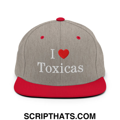 I Love Toxicas Embroidered Flat Bill Brim Snapback Hat Heather Grey Red