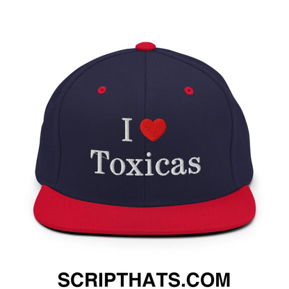 I Love Toxicas Embroidered Flat Bill Brim Snapback Hat Navy Red