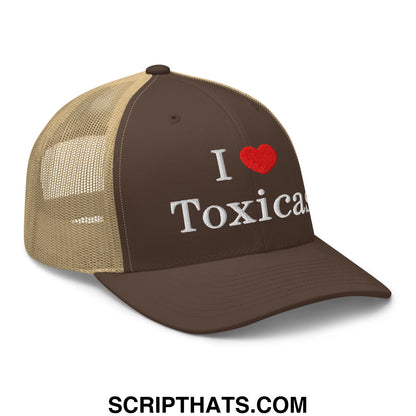 Brown and tan mesh trucker hat with i love toxicas embroidered in white and red heart on front panel