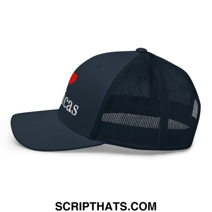 Dark navy mesh trucker hat with red heart and white i love toxicas embroidered text on the front