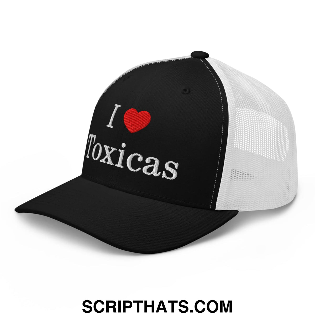 Black and white mesh trucker hat with i love toxicas embroidered in silver thread on the front